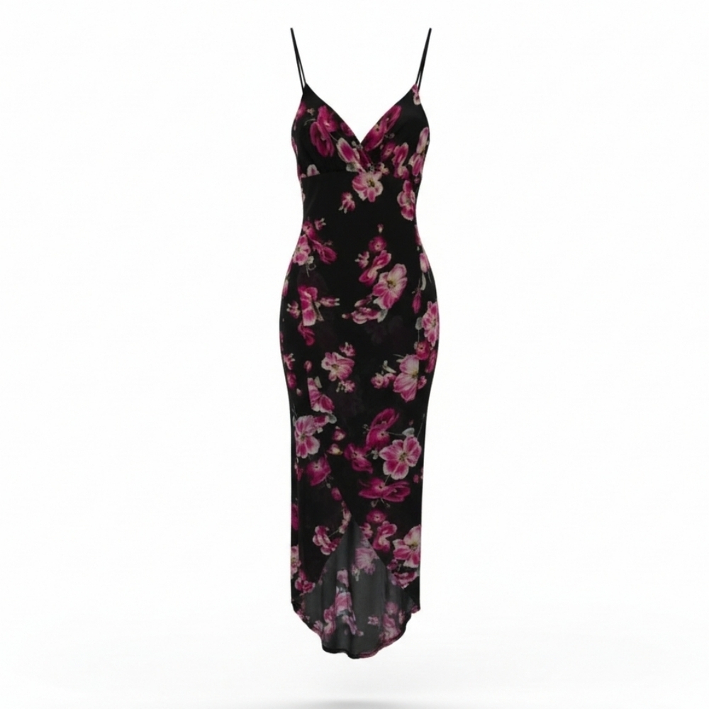Fashion Nova women's black floral mesh lined bodycon high low Dress  - medium​